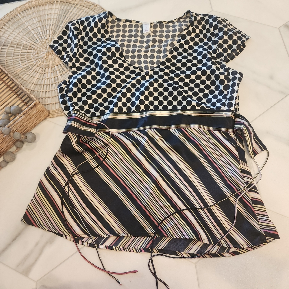 [Old Navy]Y2K cutest multi mix stripes & pok a dot silky feel blouse w/waist tie - Picture 4 of 8